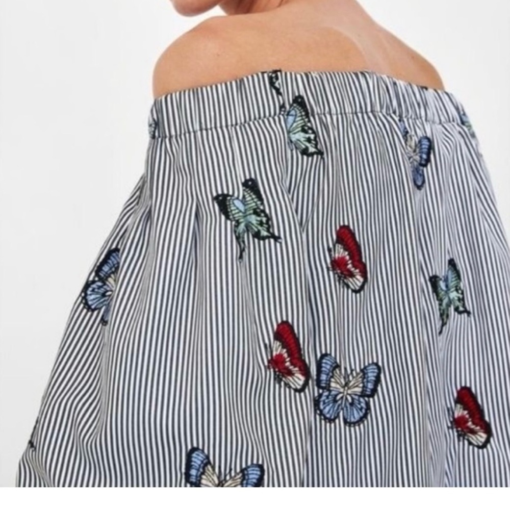 Zara Striped Off-Shoulder Top with Butterfly Print